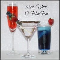 red drink, clear drink, and blue drink in glasses
