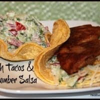 fish tacos and cucumber salsa on plate