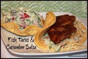 fish tacos and cucumber salsa on plate