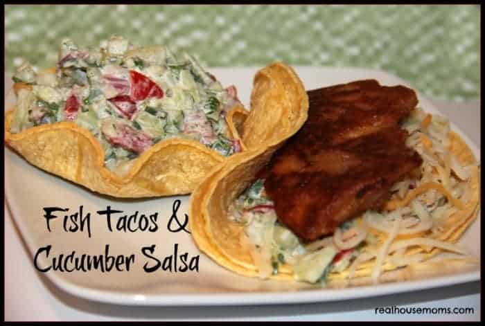 fish tacos and cucumber salsa on plate