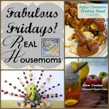 collage with images of apple cinnamon monkey bread, caramel apple cider, and fruit turkey