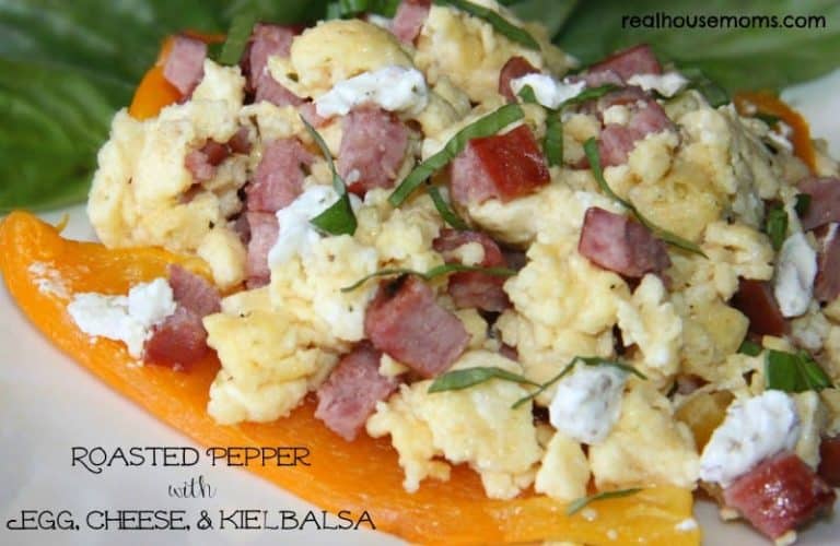 roasted pepper with egg, cheese, and kielbasa closeup