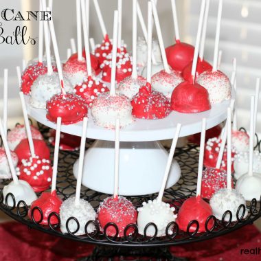candy cane oreo balls on a cakestand