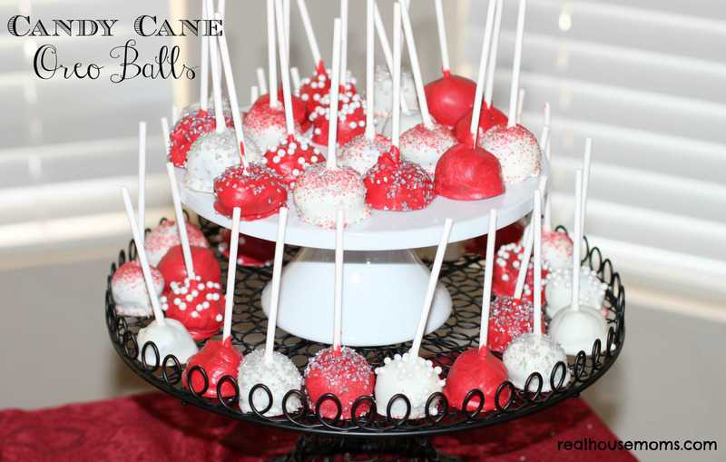 candy cane oreo balls on a cakestand