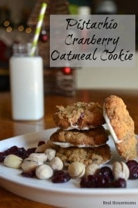 pistachio cranberry oatmeal cookies on white plate