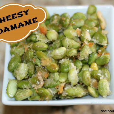 cheesy edamame in a square bowl