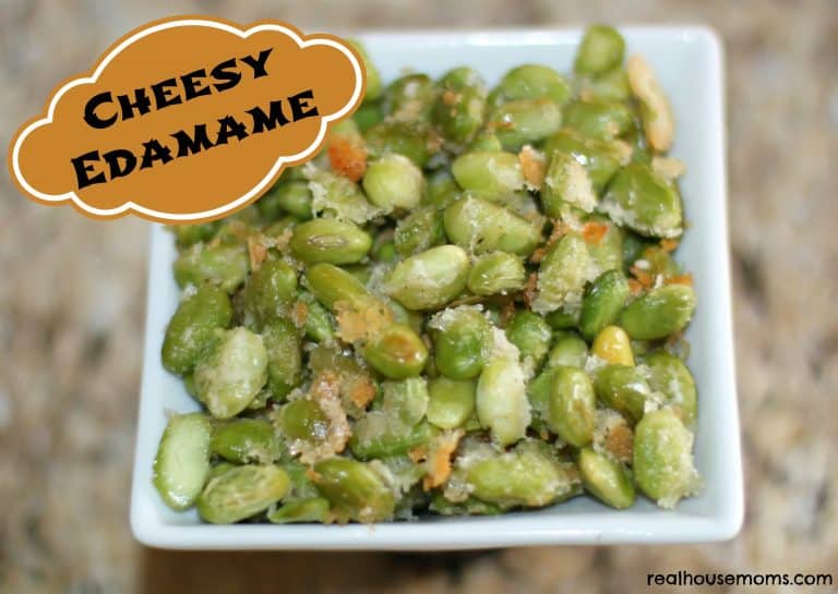 cheesy edamame in a square bowl