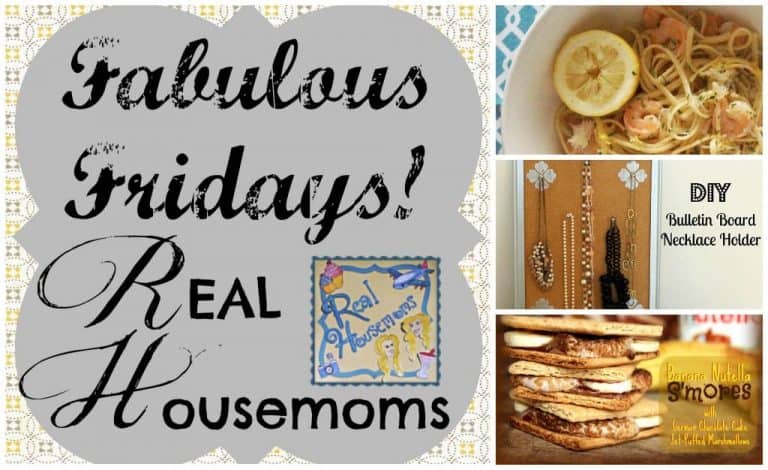 collage of images with italian lemon shrimp, bulletin board necklace holder, and banana nutella s'mores