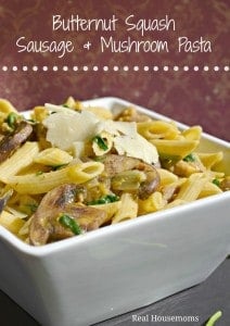 butternut squash sausage and mushroom pasta in a bowl