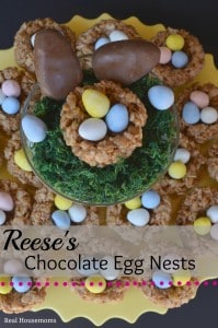 Candied coated chocolate eggs in edible nest bowls on a yellow plate