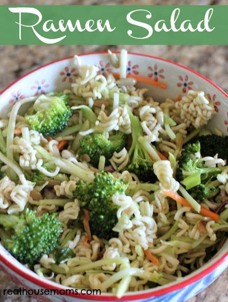 Ramen noodle salad with broccoli in a decorative bowl