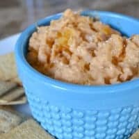 buffalo shrimp dip in a blue bowl on a plate with crackers