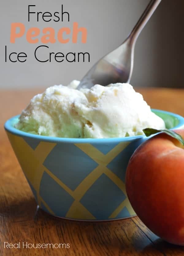 Fresh Peach Ice Cream in a decorative bowl with spoon