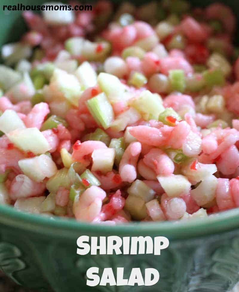shrimp salad in a blue bowl
