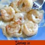 shrimp in jalapeno cream sauce on a blue plate