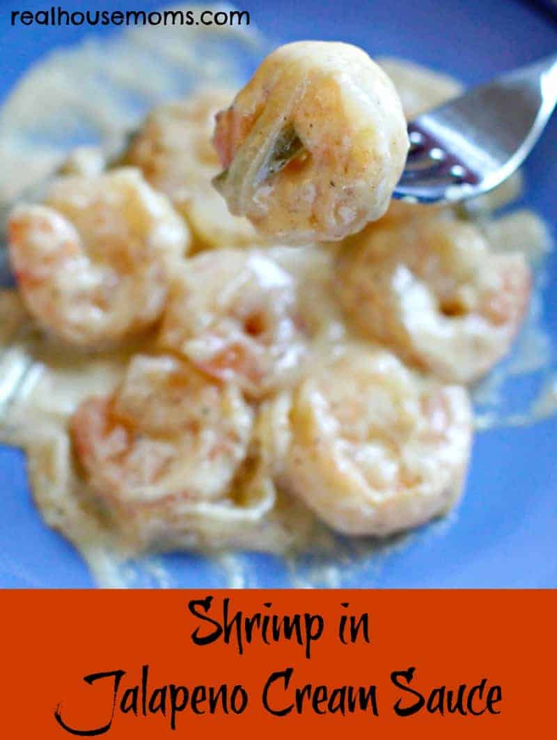 shrimp in jalapeno cream sauce on a blue plate