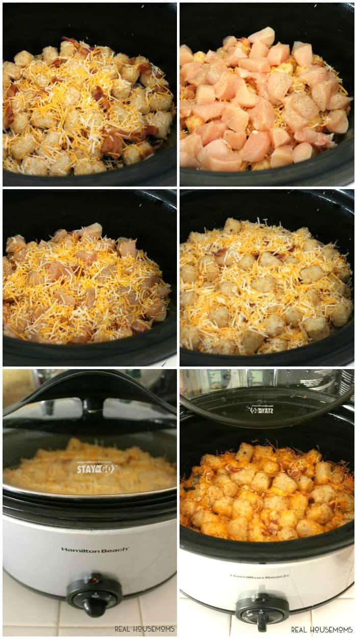 Crock Pot Cheesy Chicken, Bacon, & Tater Tot Bake is a delicious and super easy meal to put together! Your whole family will love it!