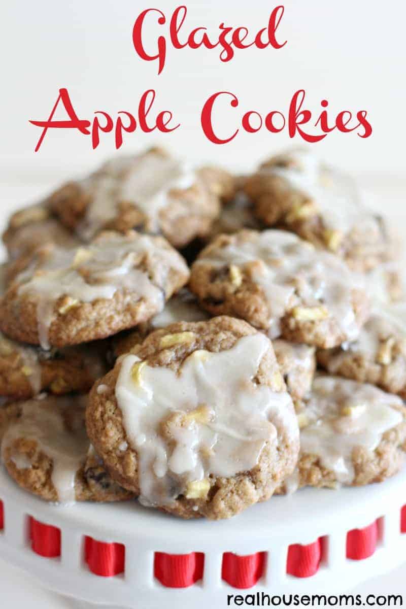 glazed apple cookies atop a cakestand