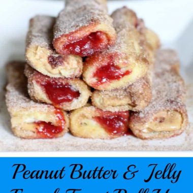 peanut butter and jelly french toast roll ups stacked on a dish