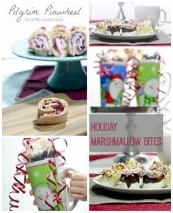 collage of images with pilgrim pinwheels and holiday marshmallow bites