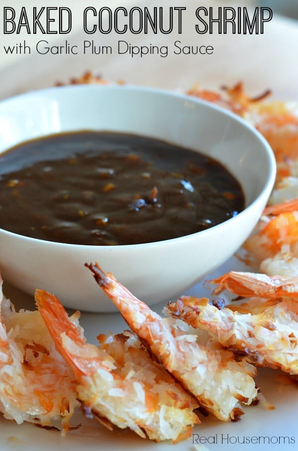 baked coconut shrimp on a platter with garlic plum dipping sauce