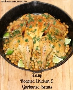 easy roasted chicken and garbanzo beans in a cast iron pot