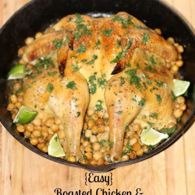 easy roasted chicken and garbanzo beans in a cast iron pot