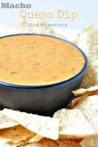 macho queso dip in a bowl served with chips