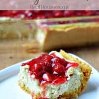 cake mix cherry cheesecake topped with cherries in syrup