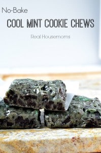 stacked slices of no bake cool mint cookie chews