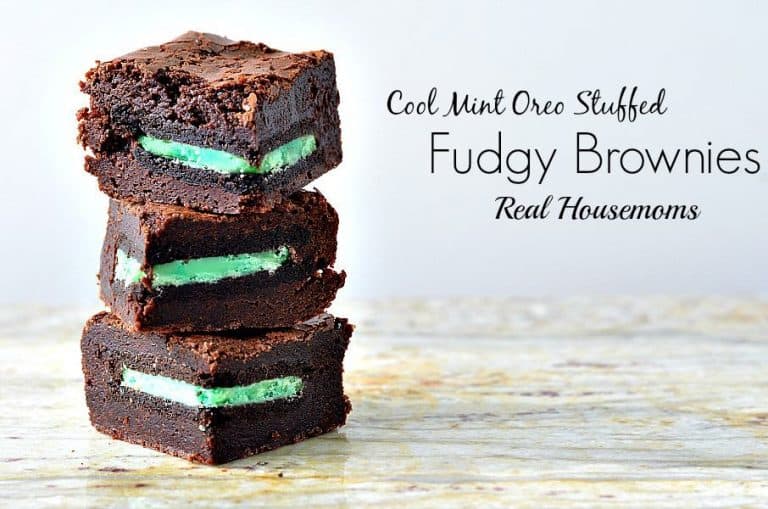 stack of cool mint oreo stuffed fudgy brownie slices