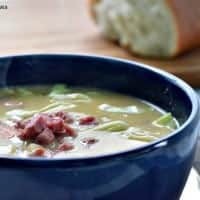 corned beef and cabbage chowder in a blue bowl