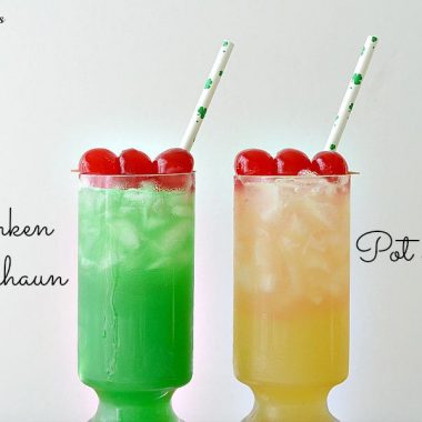 drunken leprechaun and pot o gold cocktails in glasses with maraschino cherries and straws