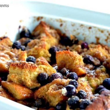 lemon and blueberry french toast bake in a baking dish