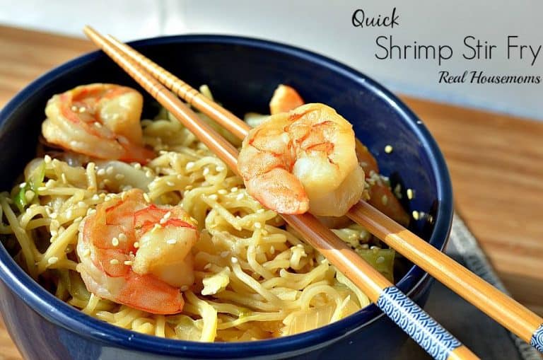 quick shrimp stir fry with chopsticks in a bowl