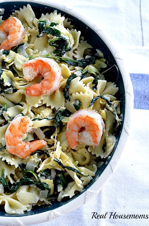 Garlic Roasted Shrimp with Spinach Artichoke Pasta | Real Housemoms