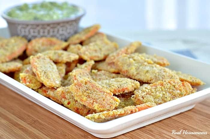 oven fried carrot slices in a serving platter