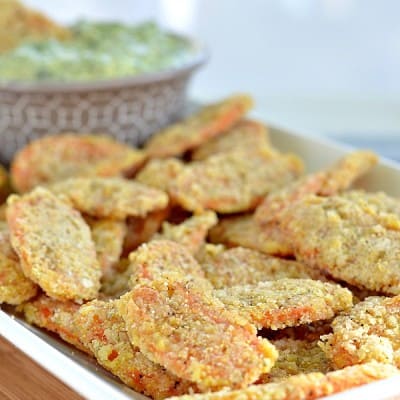 oven fried carrot slices in a serving platter