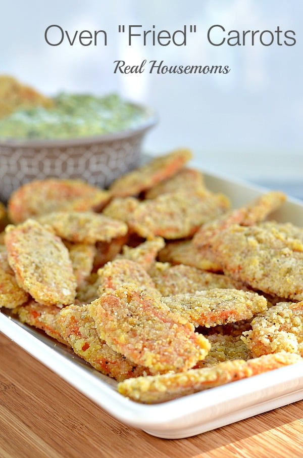 oven fried carrot slices in a serving platter