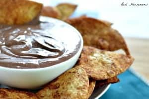 mexican chocolate cannoli dip in a bowl served with cinnamon sugar chips