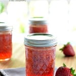 Strawberry and Lime Freezer Jam Displayed in a mason jar