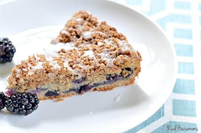 Slice of Very Berry Coffee Cake displayed on a white sharing plate topped with blueberries
