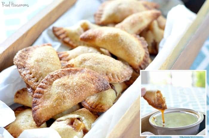 Apple Pie BItes with homemade caramel sauce Bites shaped like mini empanadas
