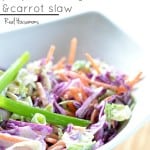 brussels sprouts, purple cabbage and carrot slaw served in a white sharing dish