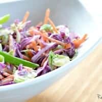 brussels sprouts, purple cabbage and carrot slaw served in a white sharing dish