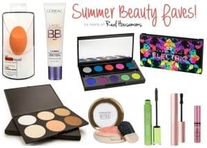 Summer beauty faves BB Cream, Beauty sponge, three eyeshadow palettes, highlighter, three mascara