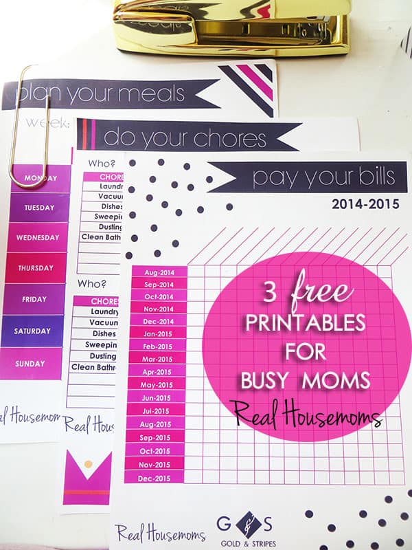 3 Free Printables for Busy Moms {includes menu planner, chore chart and bills chart!} | Real Housemoms