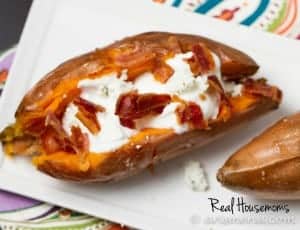 loaded Sweetpotatoes served on a white sharing dish