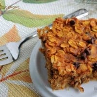 Chocolate Chip Pumpkin Baked oatmeal displayed on a small serving dish