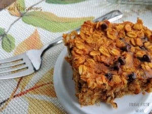 Chocolate Chip Pumpkin Baked oatmeal displayed on a small serving dish